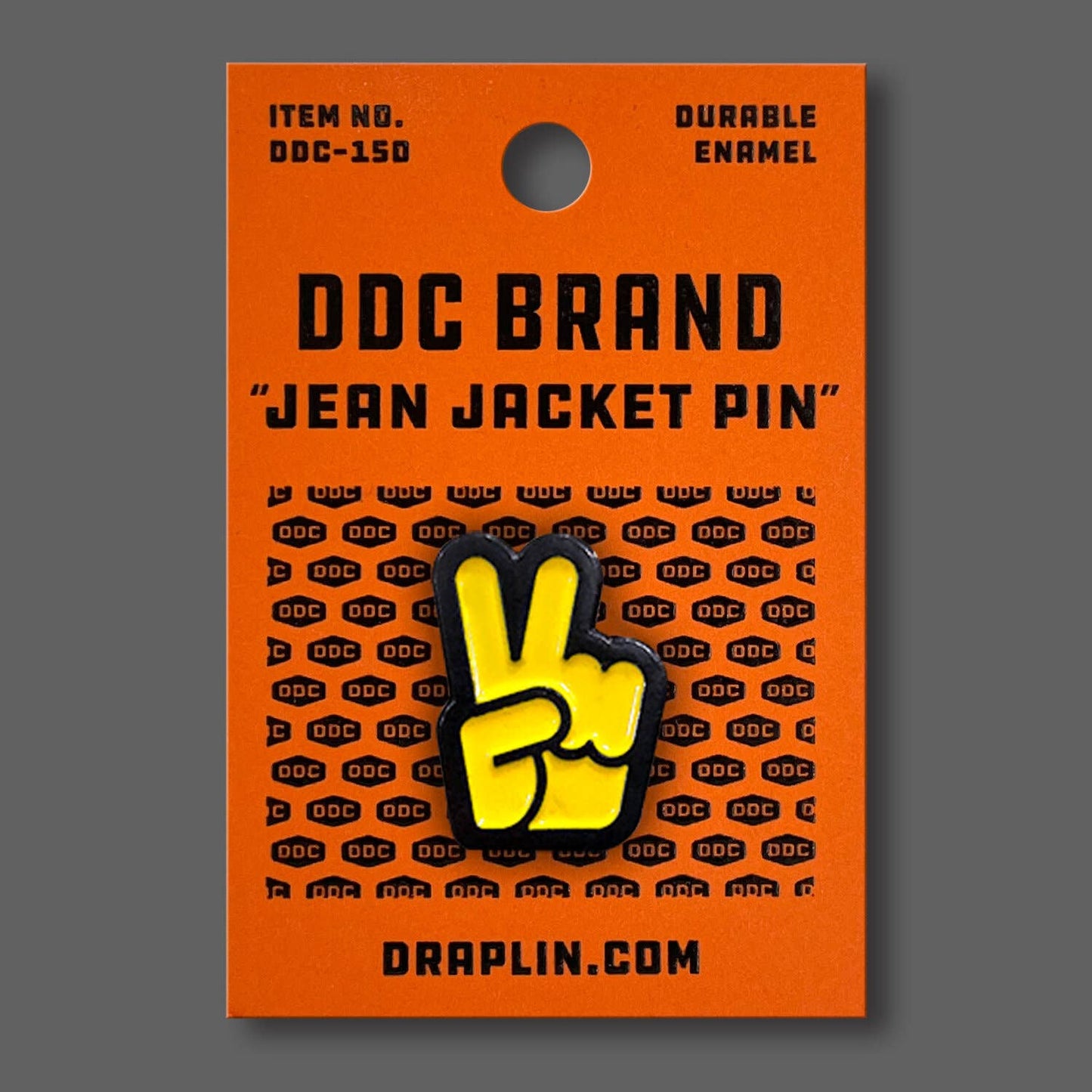 DDC-187 Peace Fingers yellow enamel jean jacket pin by Draplin Design Co.
