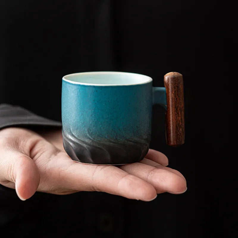 Artisan Japanese Ceramic Mug With Wooden Handle