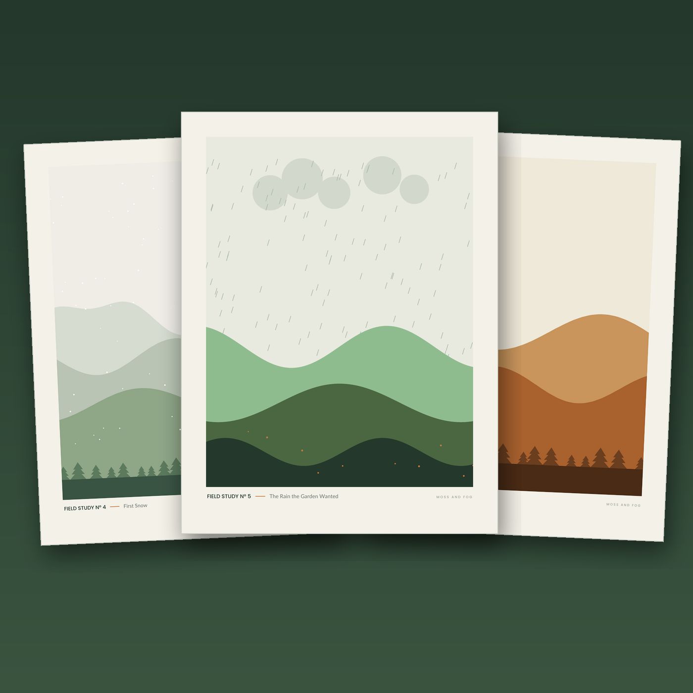 Field Studies Vol. II: The Seasons — three printable landscape prints by Moss and Fog: first snow, spring rain, and amber autumn woods