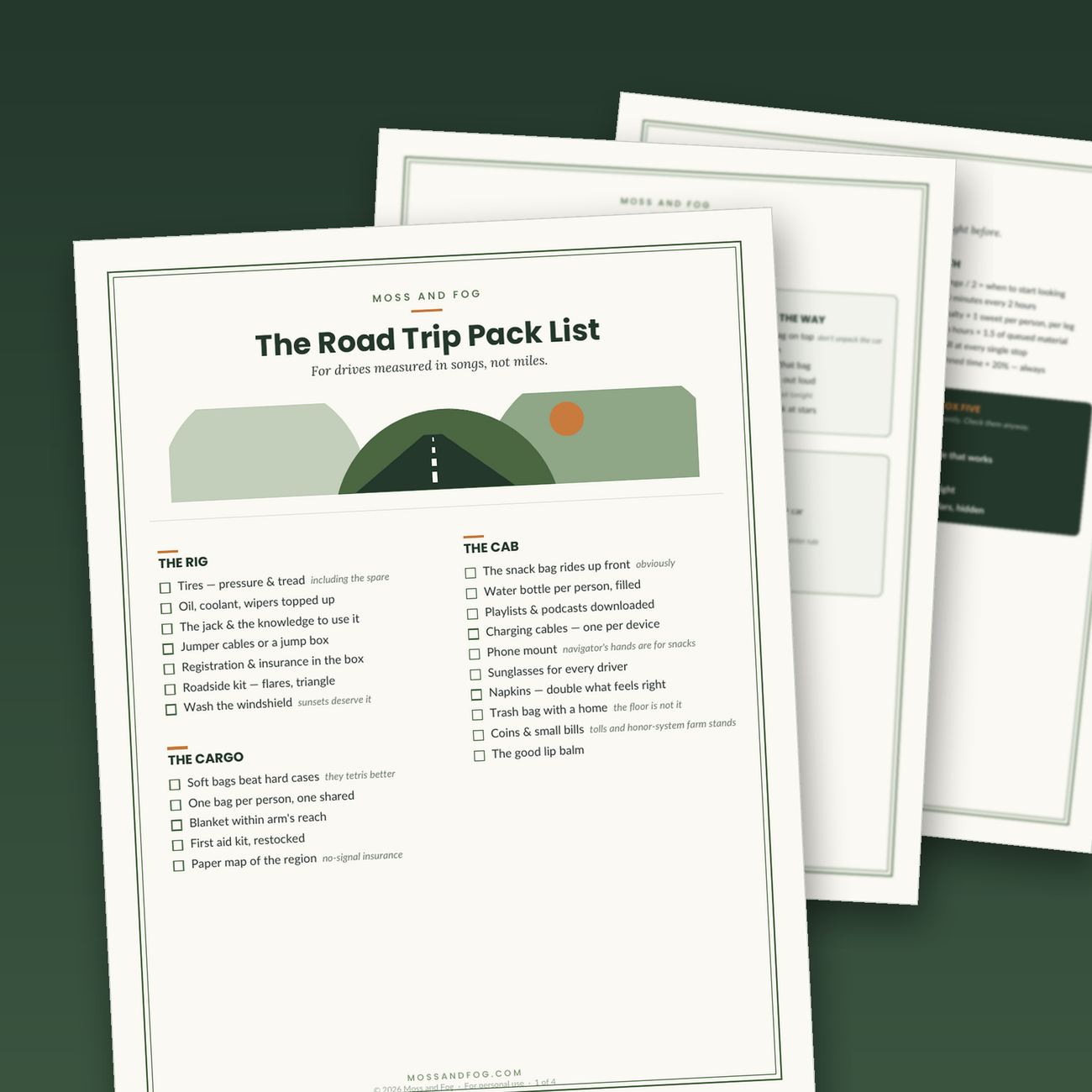 The Road Trip Pack List — a four-page printable checklist by Moss and Fog with highway illustration, condition decks, and road math