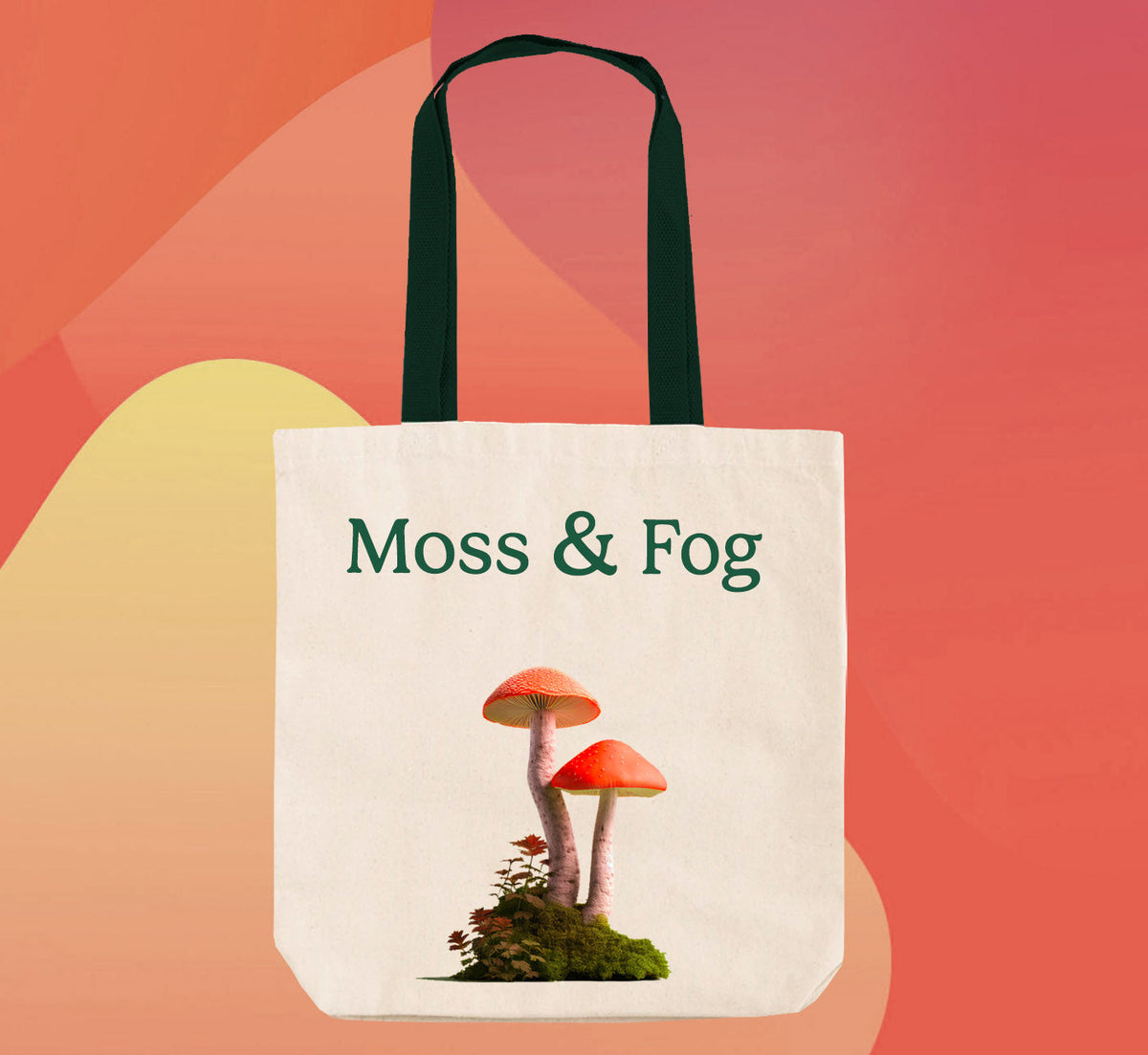 Moss and Fog cotton tote bag with mushroom print on an orange background