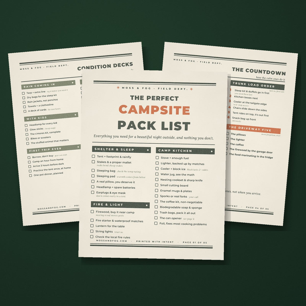The Campsite Pack List printable, letterpress style pages fanned on deep green