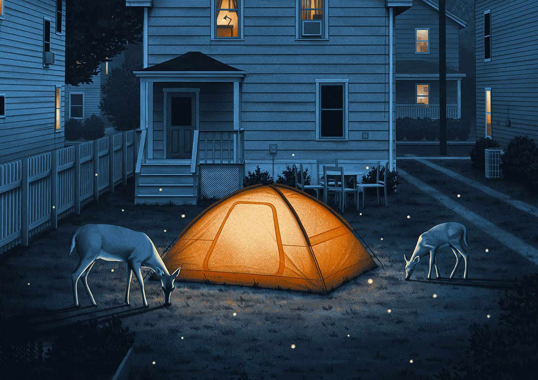 Painting by Nicholas Moegly of a quiet suburban street at night with wildlife passing through