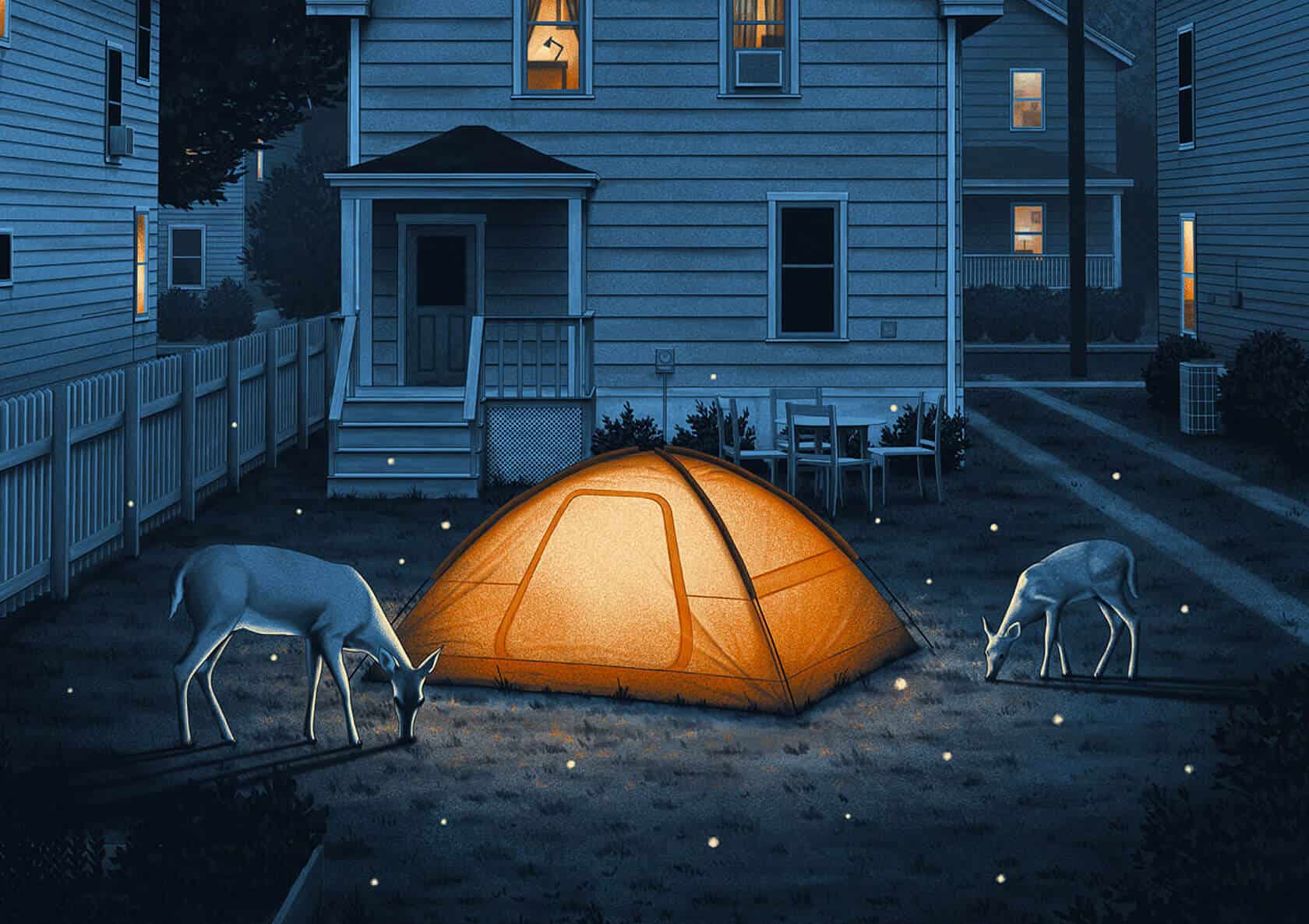 Painting by Nicholas Moegly of a quiet suburban street at night with wildlife passing through