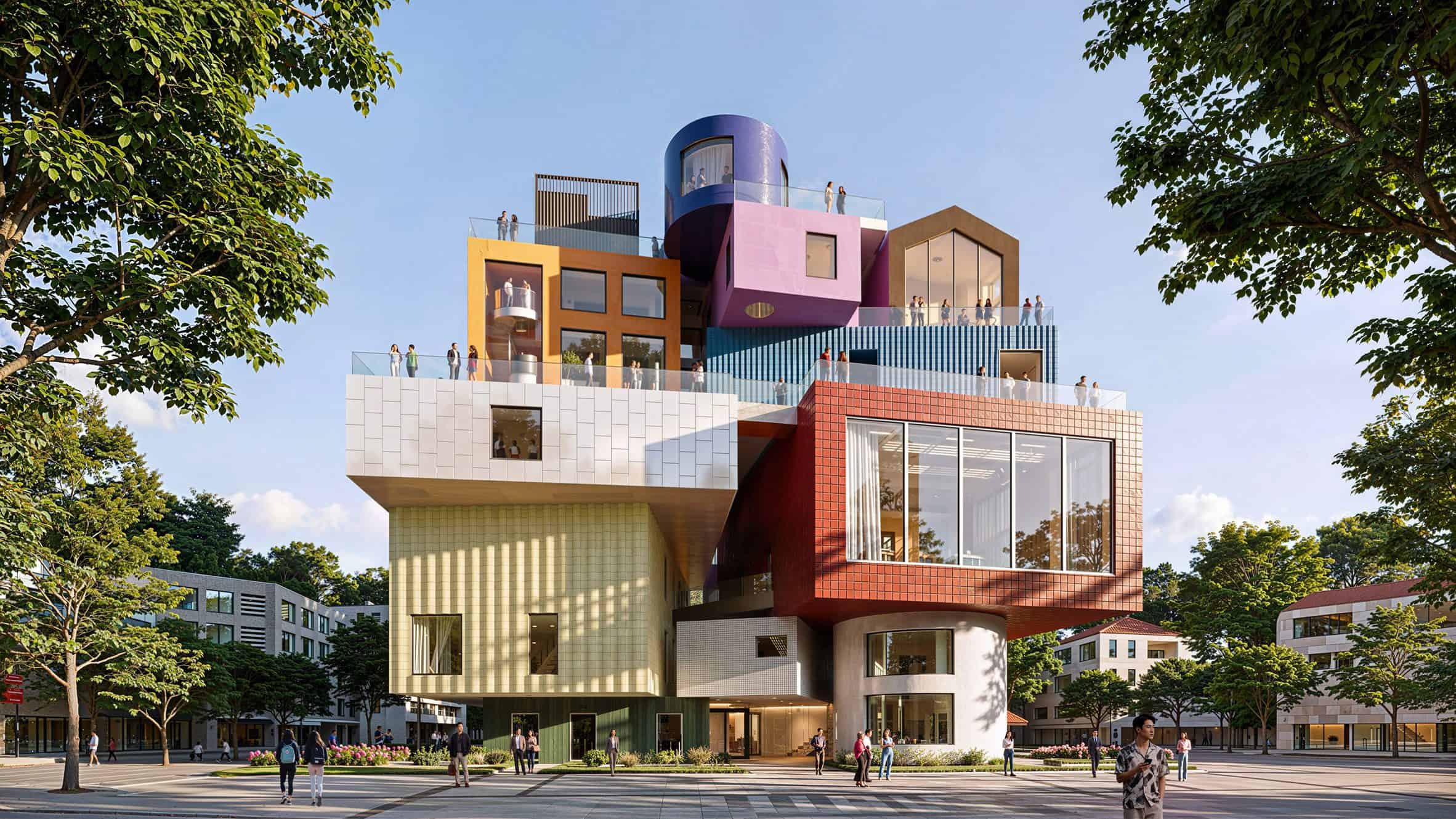 Colorful, tilted building facades at a new art village outside Shanghai, China
