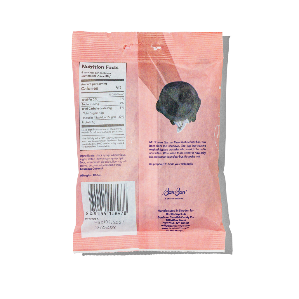Back of the BonBon Salty Licorice Twists bag with the nutrition panel