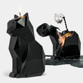 PyroPet Kisa black cat candle beside the same candle burned down to its metal skeleton