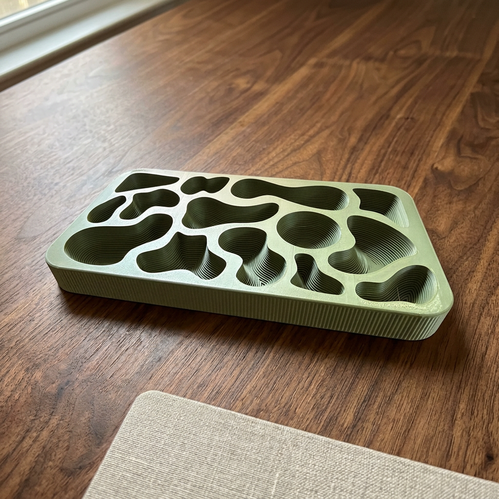 Topography Tray on a walnut table in soft window light, beside a linen notebook