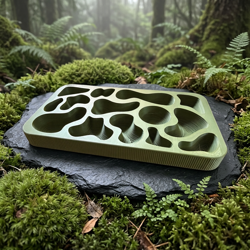 Topography Tray resting on dark slate among moss and ferns on a misty forest floor