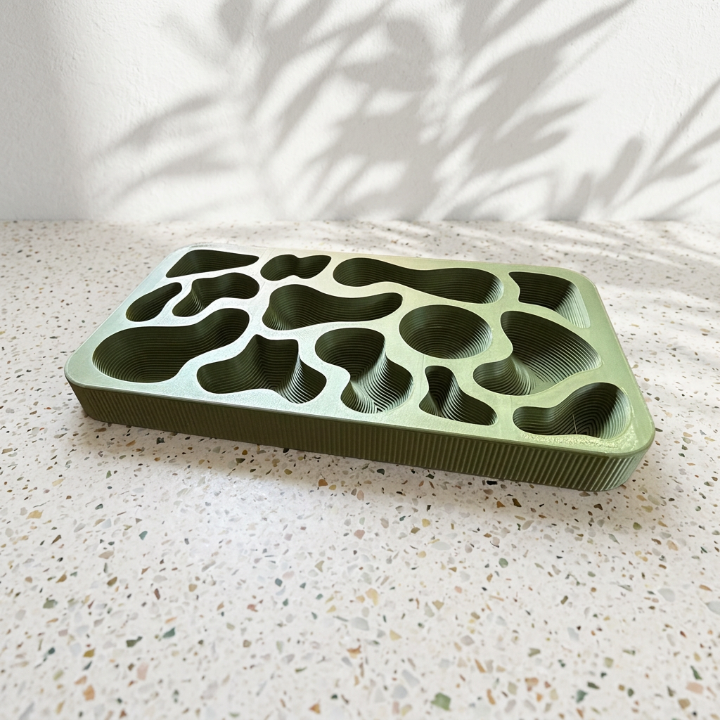 Topography Tray on a speckled terrazzo tabletop with leaf shadows on a plaster wall