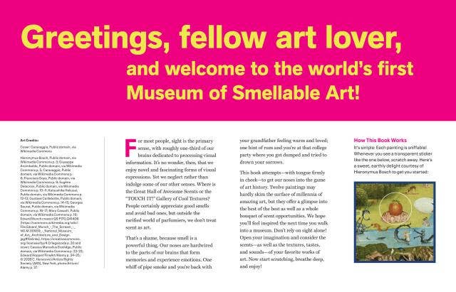 Opening spread of Scratch and Sniff Art History, a pink banner welcoming readers to the Museum of Smellable Art and a Bosch strawberry to scratch