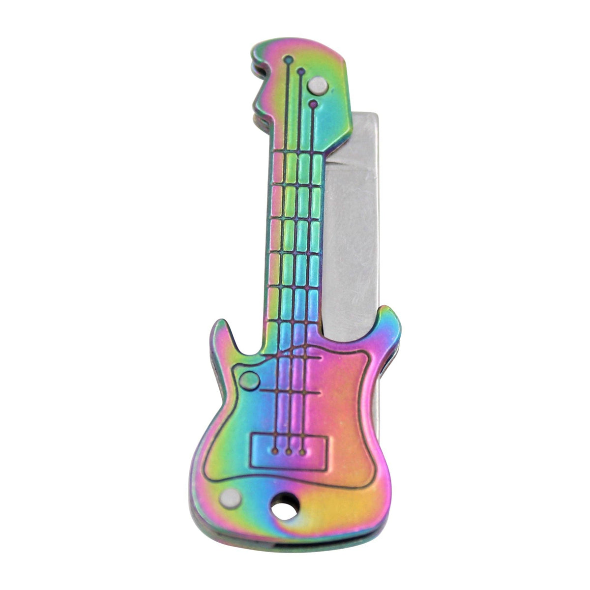 Guitar keychain knife in an iridescent rainbow finish, shaped like an electric guitar with strings, the blade folded along the neck