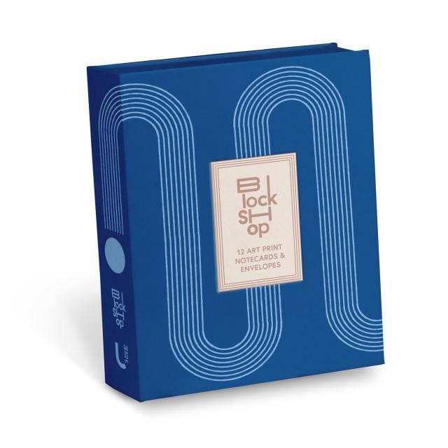 Block Shop notecard set: a deep blue box with a looping white line pattern and a small cream label in the center