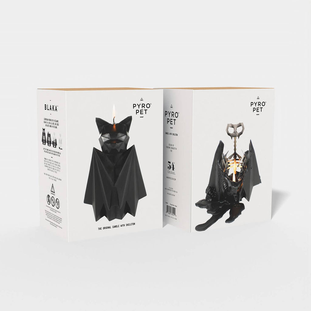 Blaka gift box, printed with the bat candle on one side and its skeleton on the other
