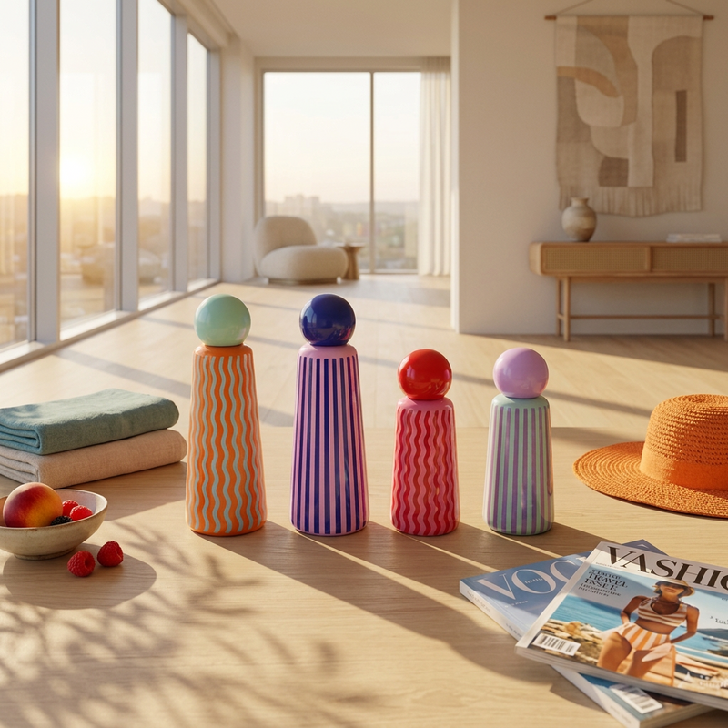 Skittle Stripe Water Bottle, double walled steel bottle in stripe colorway, from Lund Design House