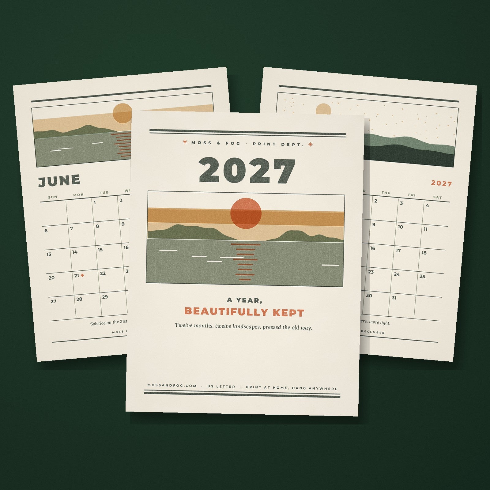 2027 wall calendar by Moss and Fog, letterpress style cover with textured landscape and monthly grids
