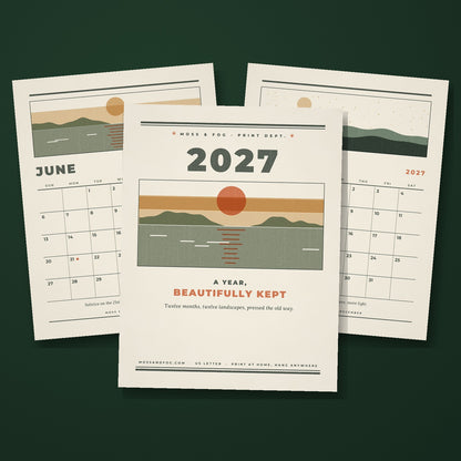 2027 wall calendar by Moss and Fog, letterpress style cover with textured landscape and monthly grids
