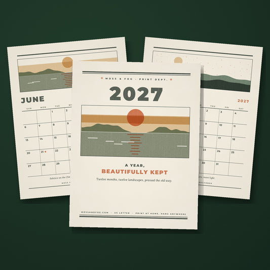 2027 wall calendar by Moss and Fog, letterpress style cover with textured landscape and monthly grids