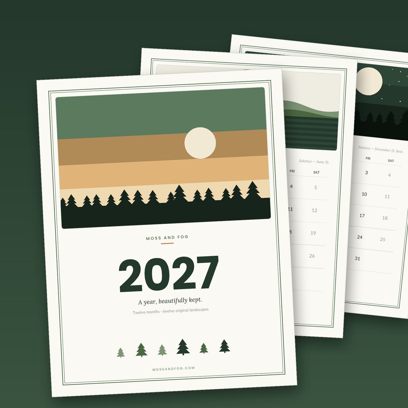 2027 printable wall calendar by Moss and Fog — golden hour cover with June solstice and December night pages, each month featuring an original landscape illustration