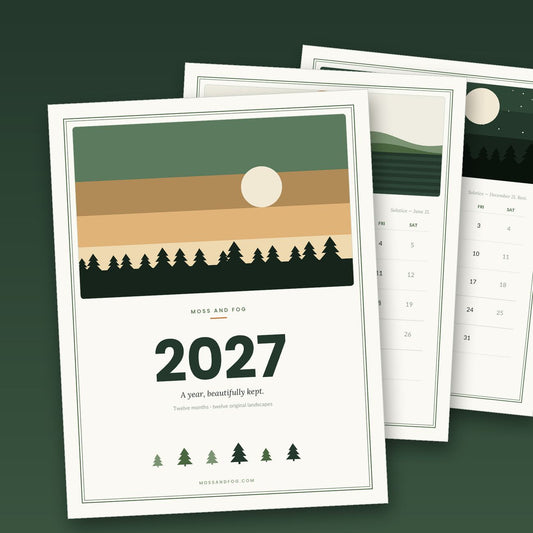 2027 printable wall calendar by Moss and Fog — golden hour cover with June solstice and December night pages, each month featuring an original landscape illustration
