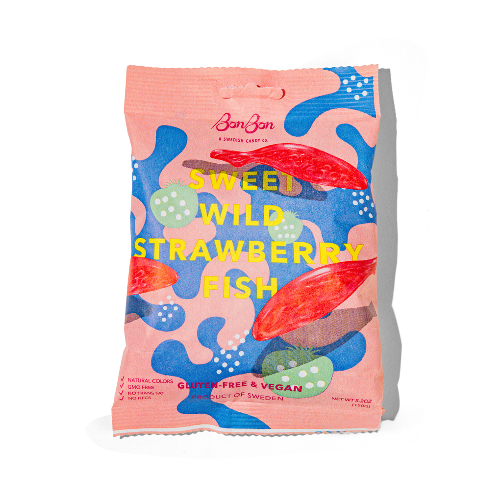 Front of the BonBon Sweet Wild Strawberry Fish bag, pink and blue with yellow lettering