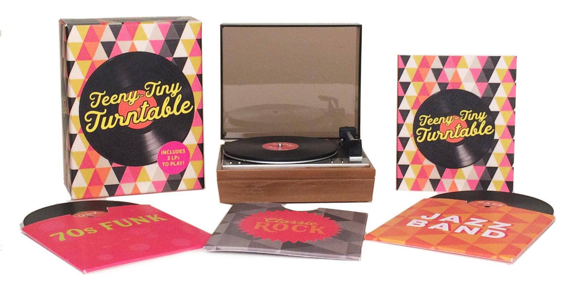 Teeny-Tiny Turntable, a miniature wooden record player with its lid open, beside its box and three small records in sleeves