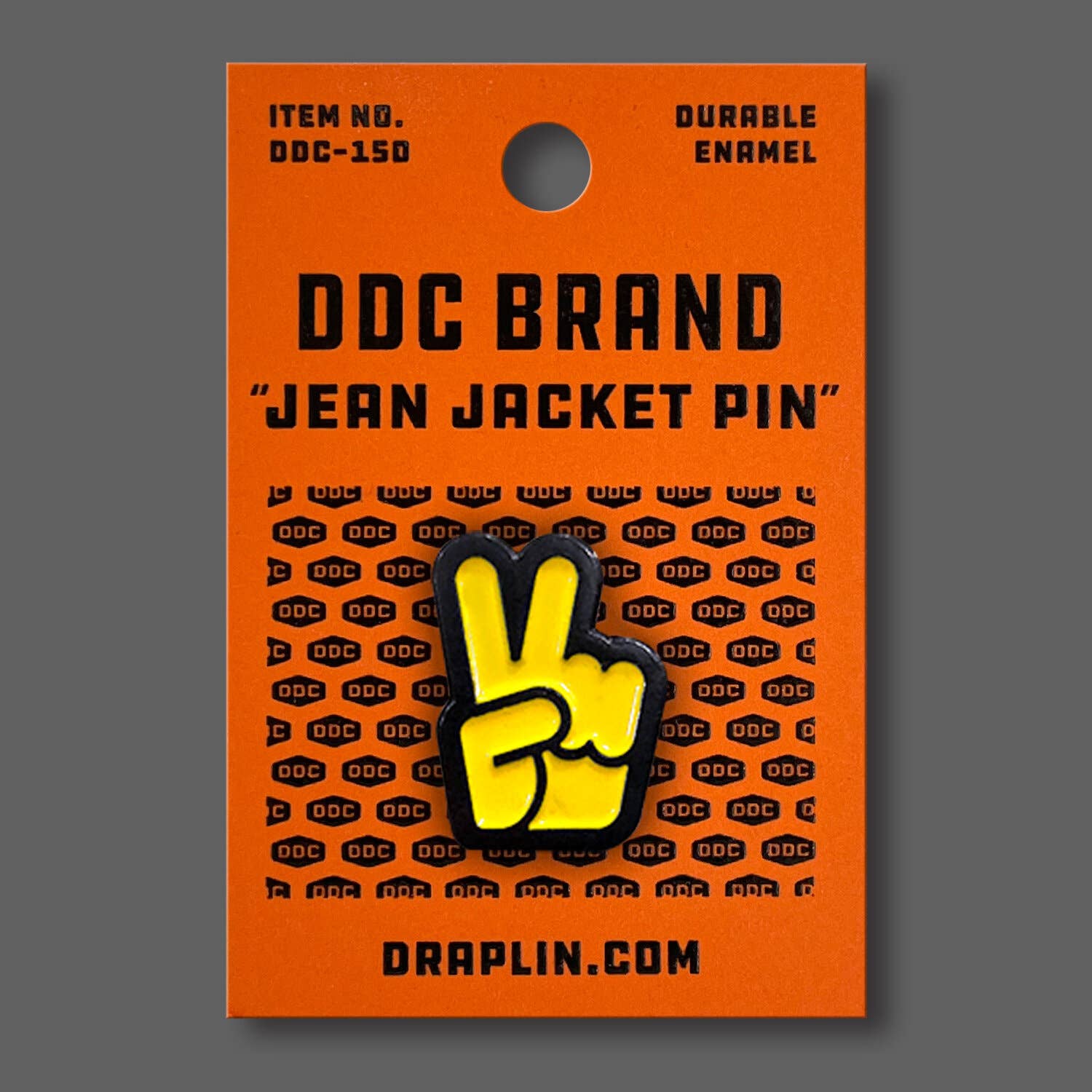 DDC-187 Peace Fingers yellow enamel jean jacket pin by Draplin Design Co.