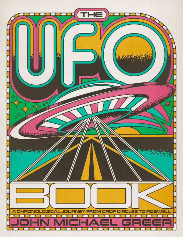 The UFO Book hardcover, a psychedelic 1970s illustration of a pink and teal flying saucer hovering above an empty highway
