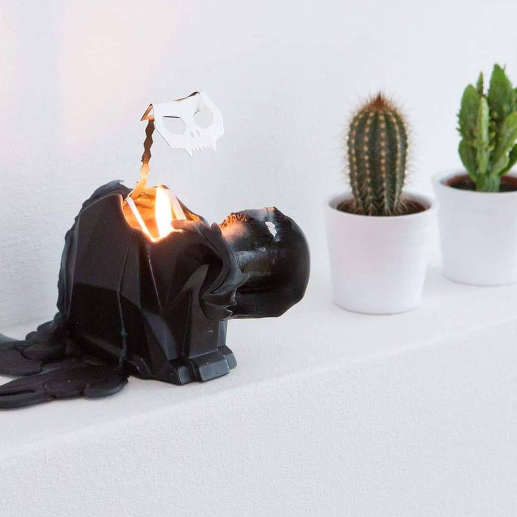 Kisa candle burning on a shelf beside two small potted cacti