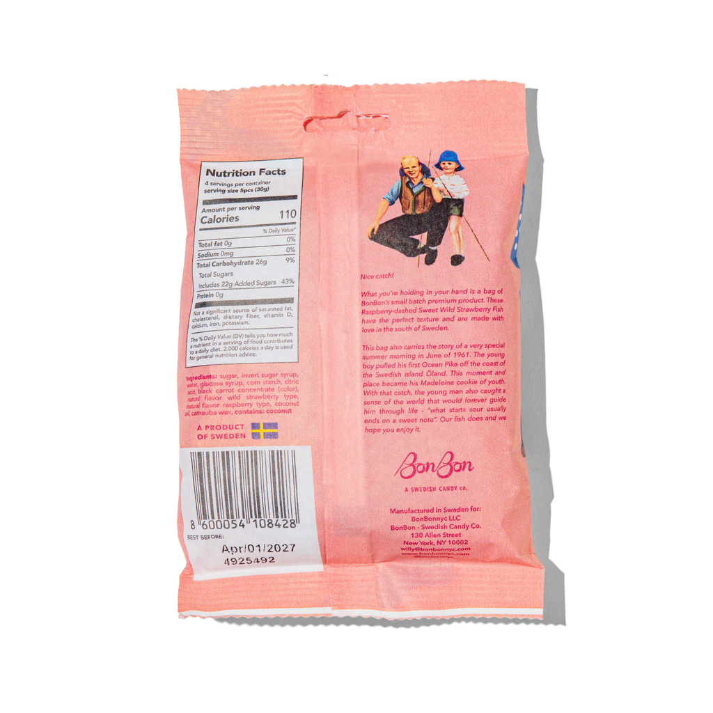 Back of the BonBon Sweet Wild Strawberry Fish bag with the nutrition panel