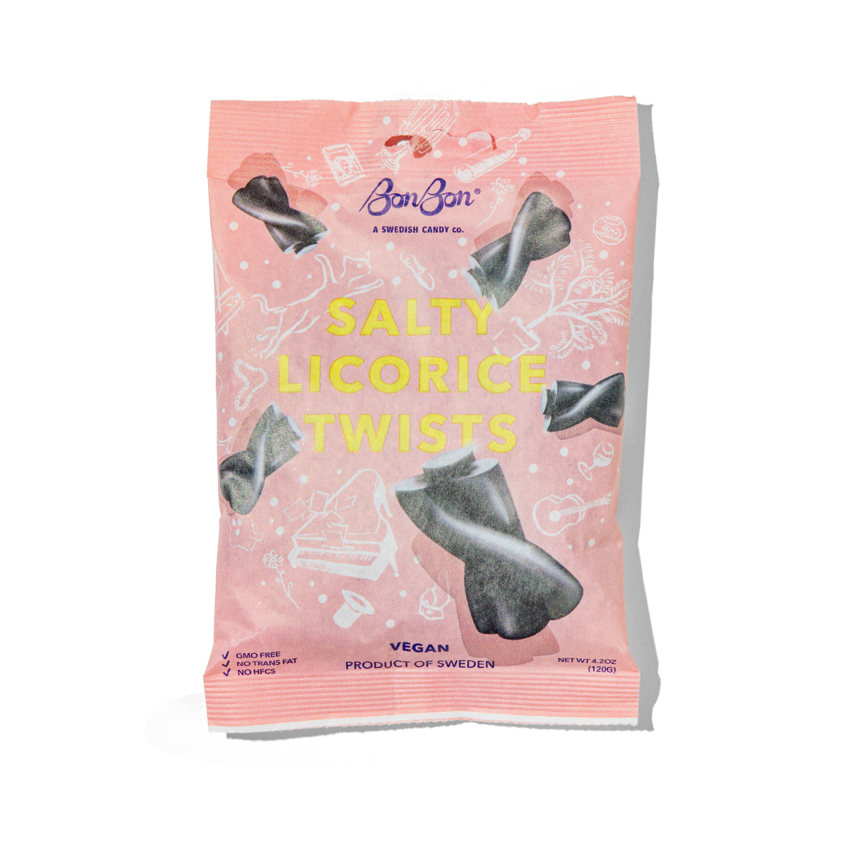 Front of the BonBon Salty Licorice Twists bag, pink with yellow lettering
