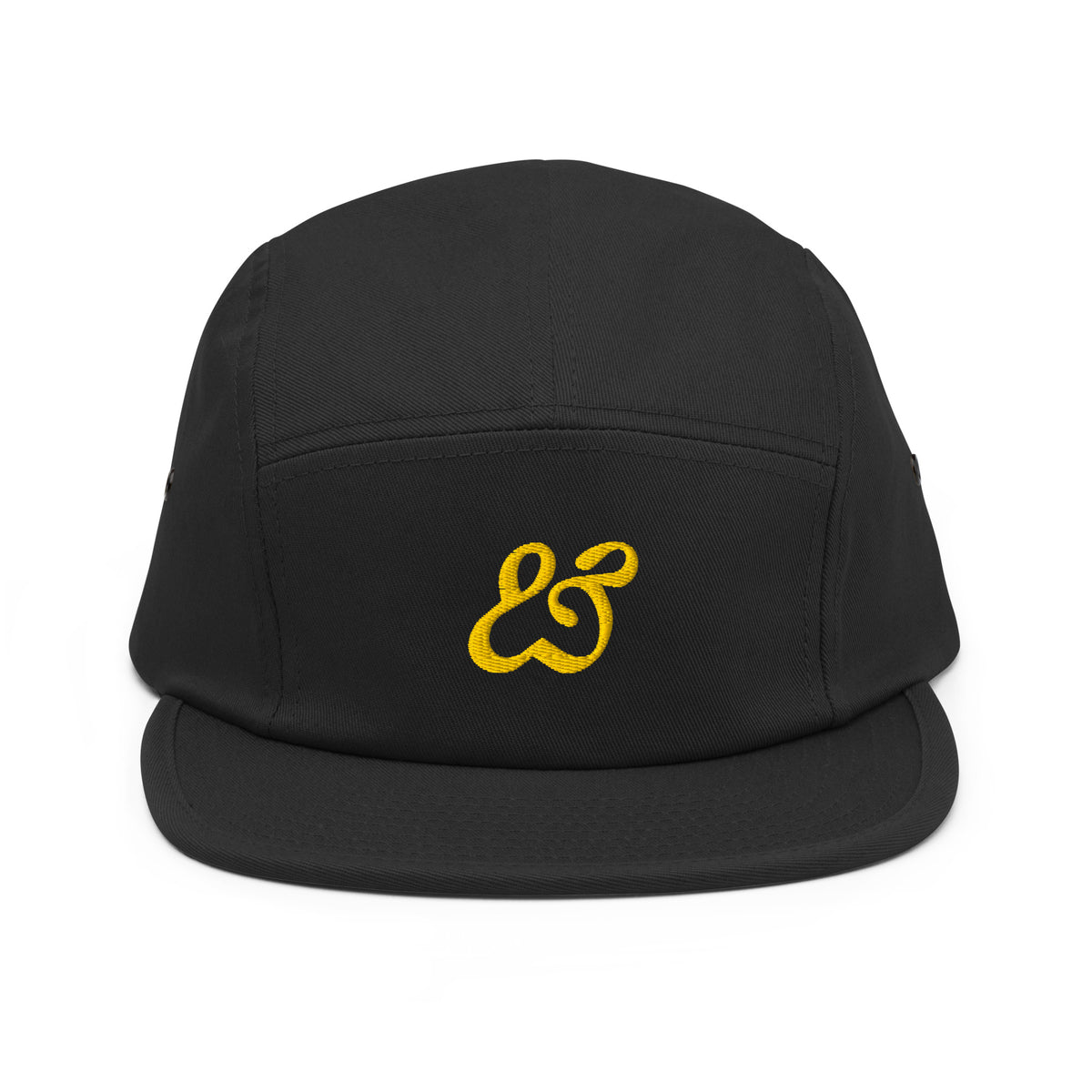 Black five panel cap with the Moss and Fog ampersand embroidered in gold on the front panel