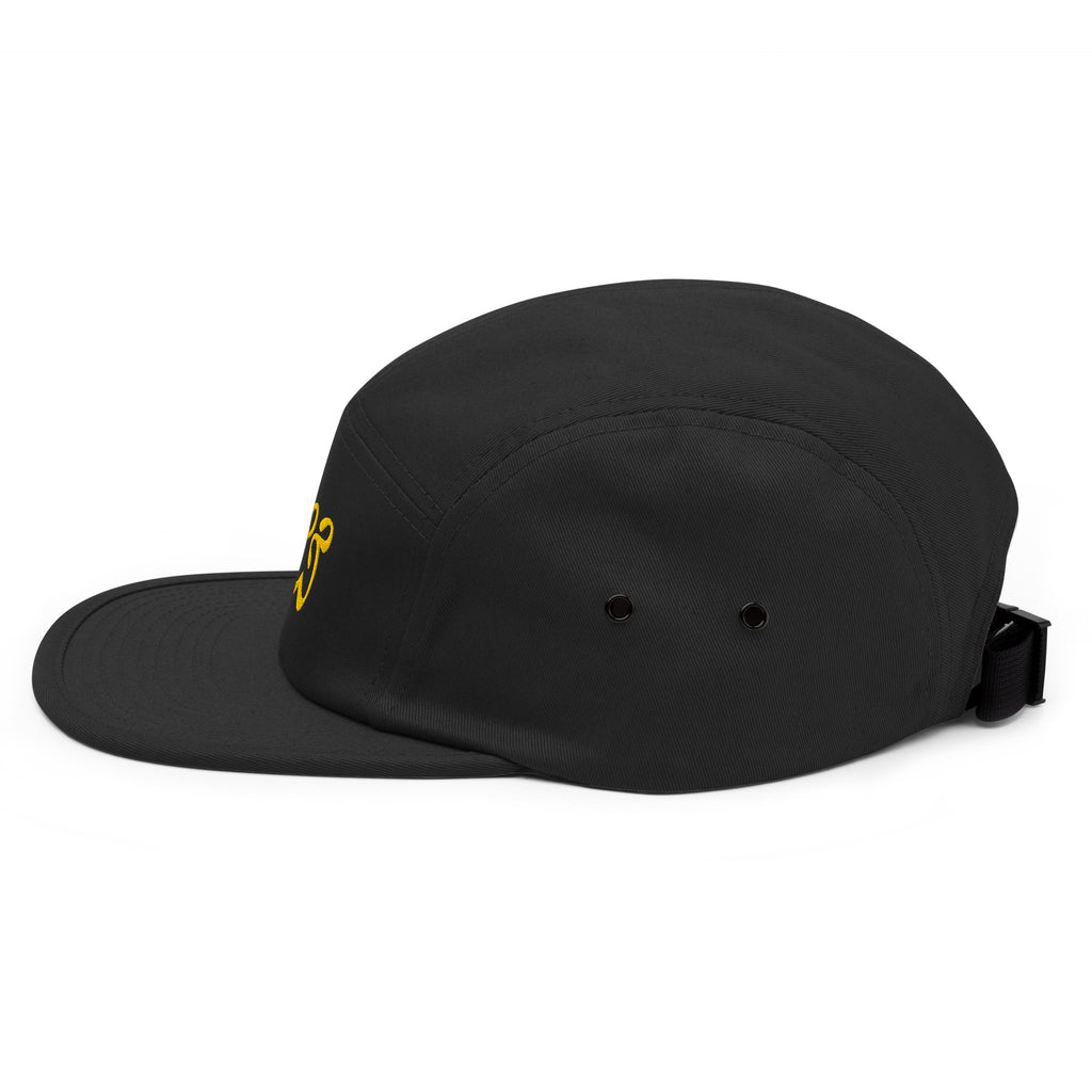 Left side profile of the black Moss and Fog five panel cap