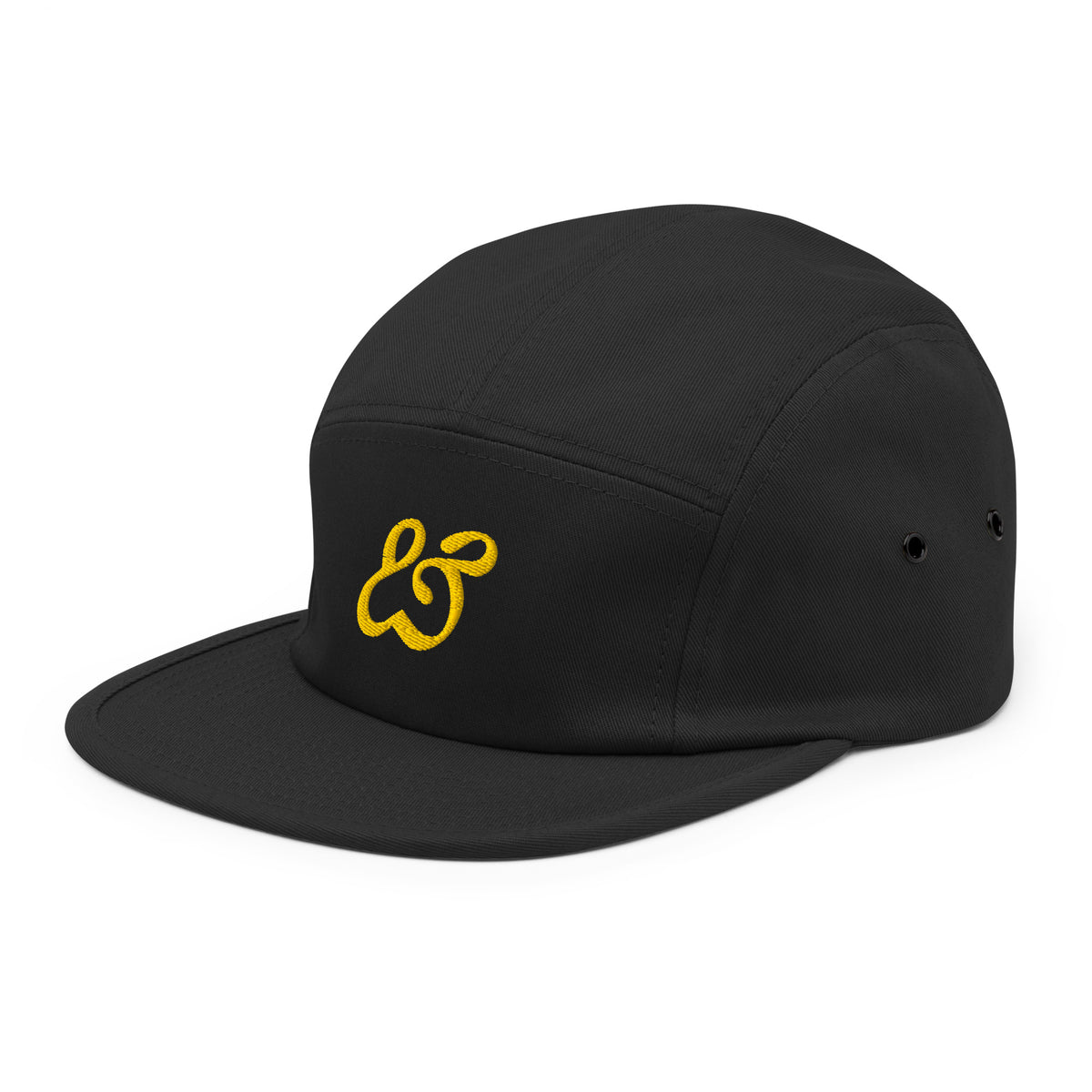 Three quarter view of the black Moss and Fog cap from the left, gold ampersand visible on the front