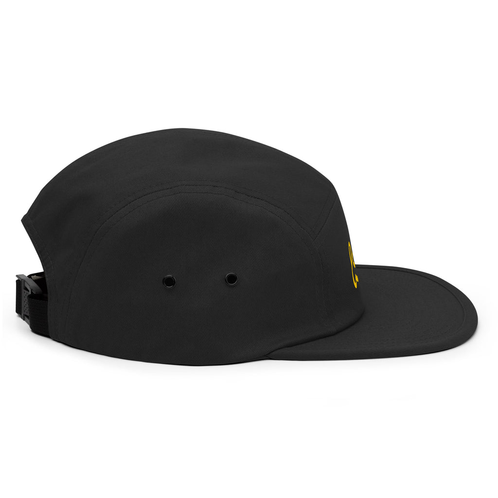 Right side profile of the black Moss and Fog five panel cap