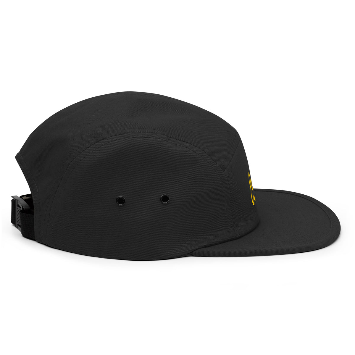 Right side profile of the black Moss and Fog five panel cap