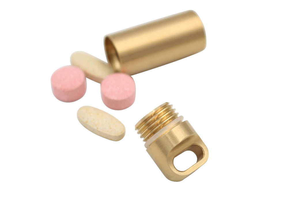 Brass Pill Holder Keychain, CNC machined brass pill case, from Real Sic