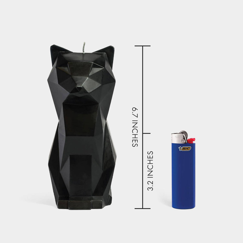 Kisa cat candle next to a lighter for scale, marked 6.7 inches tall