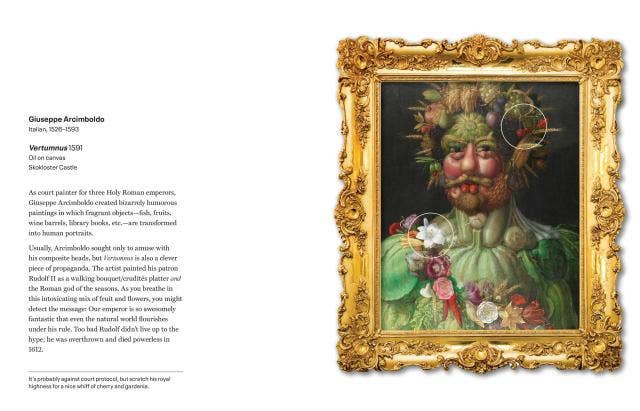 Spread from Scratch and Sniff Art History with Munch's The Scream and Arcimboldo's Vertumnus in gold frames, scent stickers circled