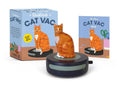 Desktop Cat Vac, a miniature cat riding a round robot vacuum