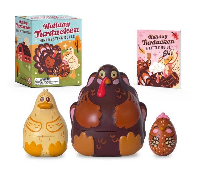Holiday Turducken nesting dolls: a brown turkey, a yellow duck and a small chicken, beside their box and a little illustrated guide