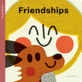 Friendships board book cover, a smiling orange dog in flat graphic shapes against a yellow sunburst