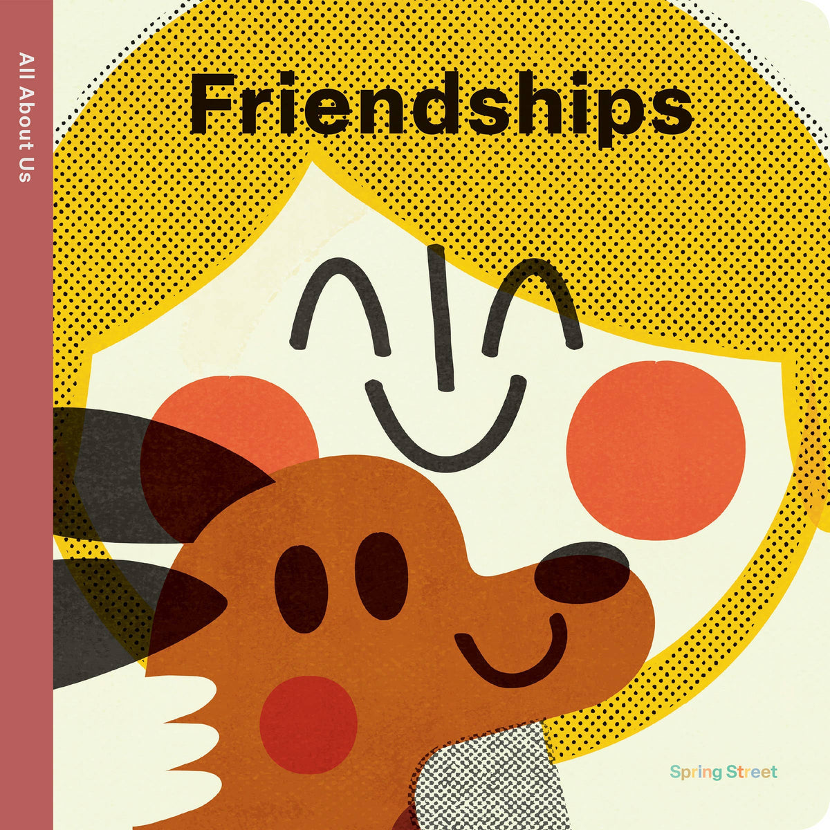 Friendships board book cover, a smiling orange dog in flat graphic shapes against a yellow sunburst
