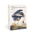 The Birdwatcher's Deck box, cream with a detailed painting of a great blue heron stepping through reeds
