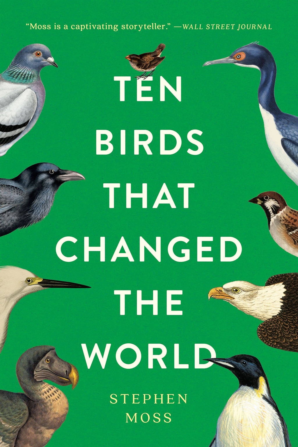 Ten Birds That Changed the World cover: a bright green background bordered by painted birds, including a raven, a penguin and a dodo