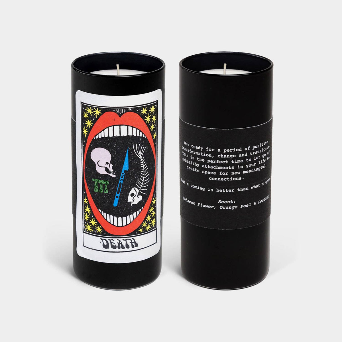 Tarot Candle, Death, front and back, showing the illustrated label and the printed reading