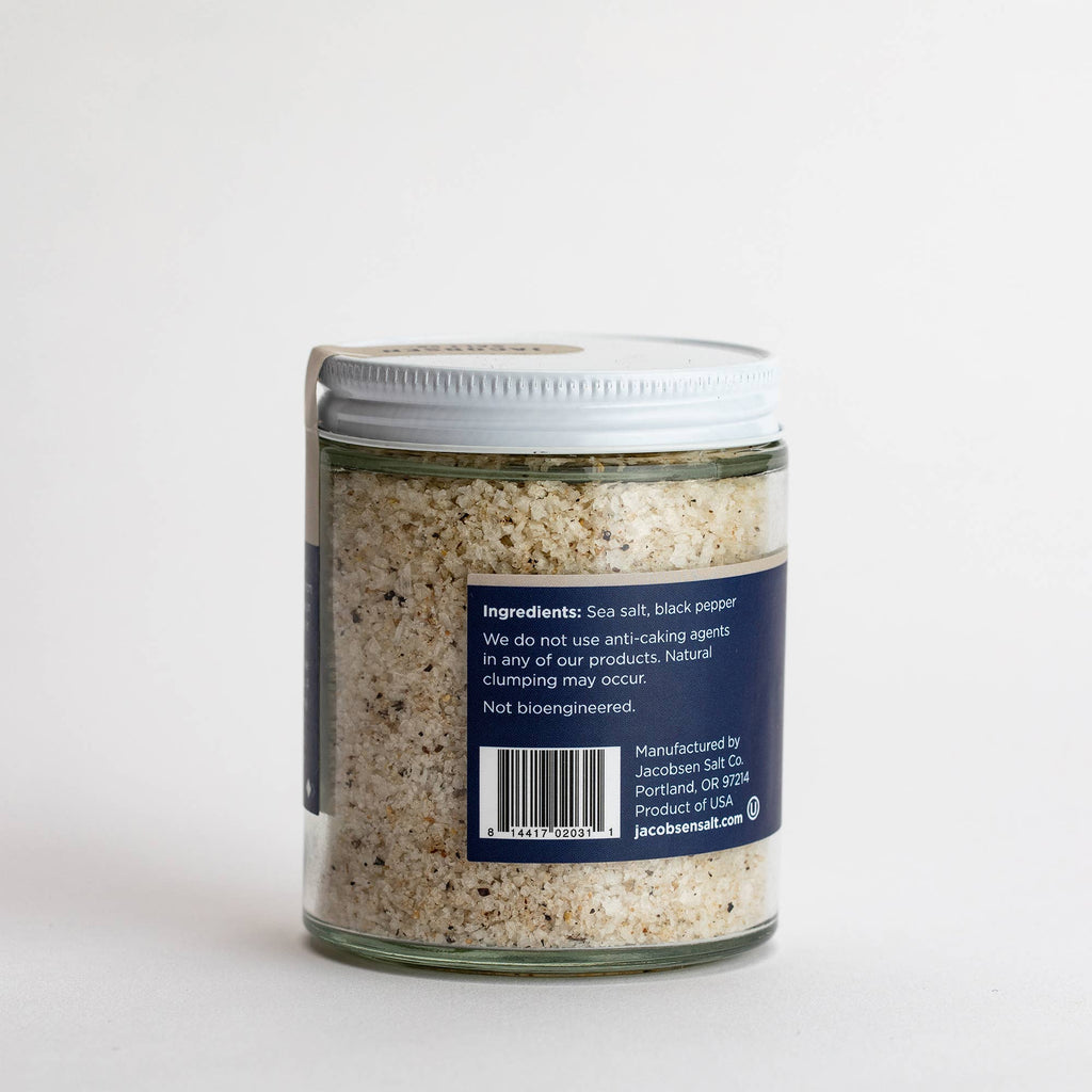Back of the Jacobsen Black Pepper Salt jar showing the ingredients label, sea salt and black pepper