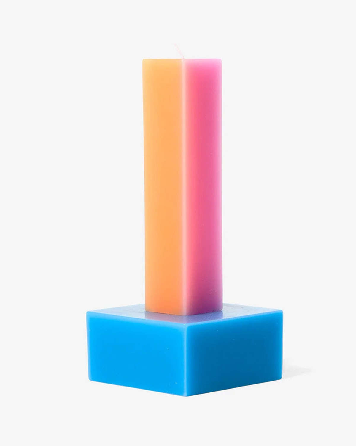 Happiness 2 pillar candle by Yinka Ilori, an orange and pink column on a square blue base, unlit