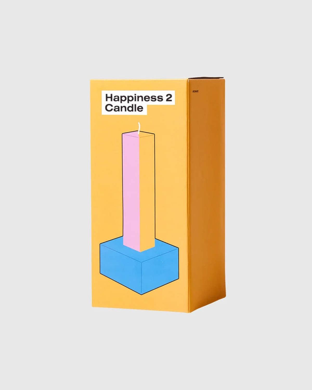Happiness 2 candle box, an orange carton with a line drawing of the pink candle on its blue base