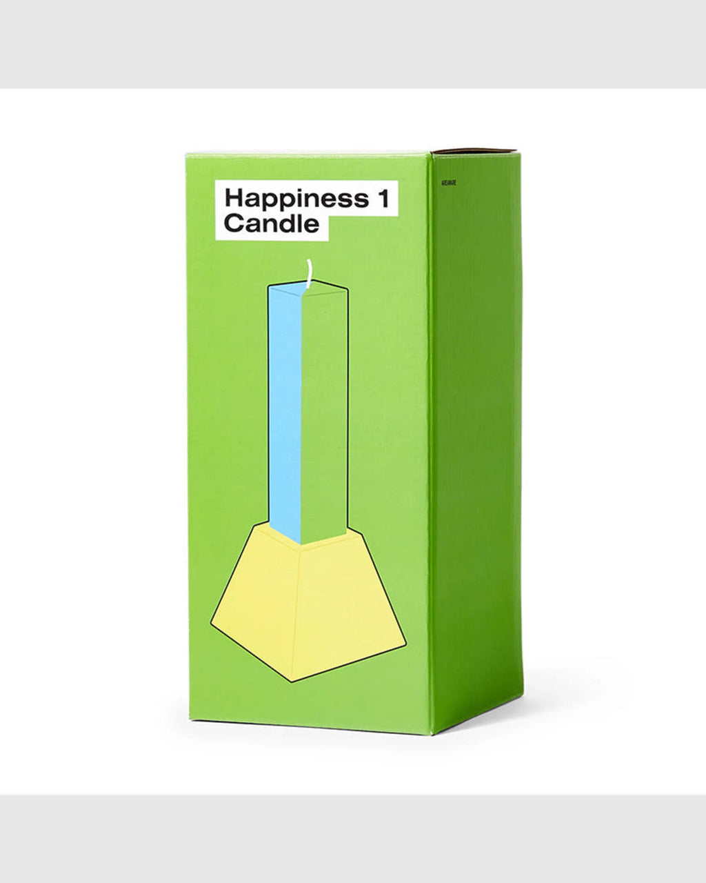 Happiness 1 candle box, a green carton with a line drawing of the blue candle on its yellow base